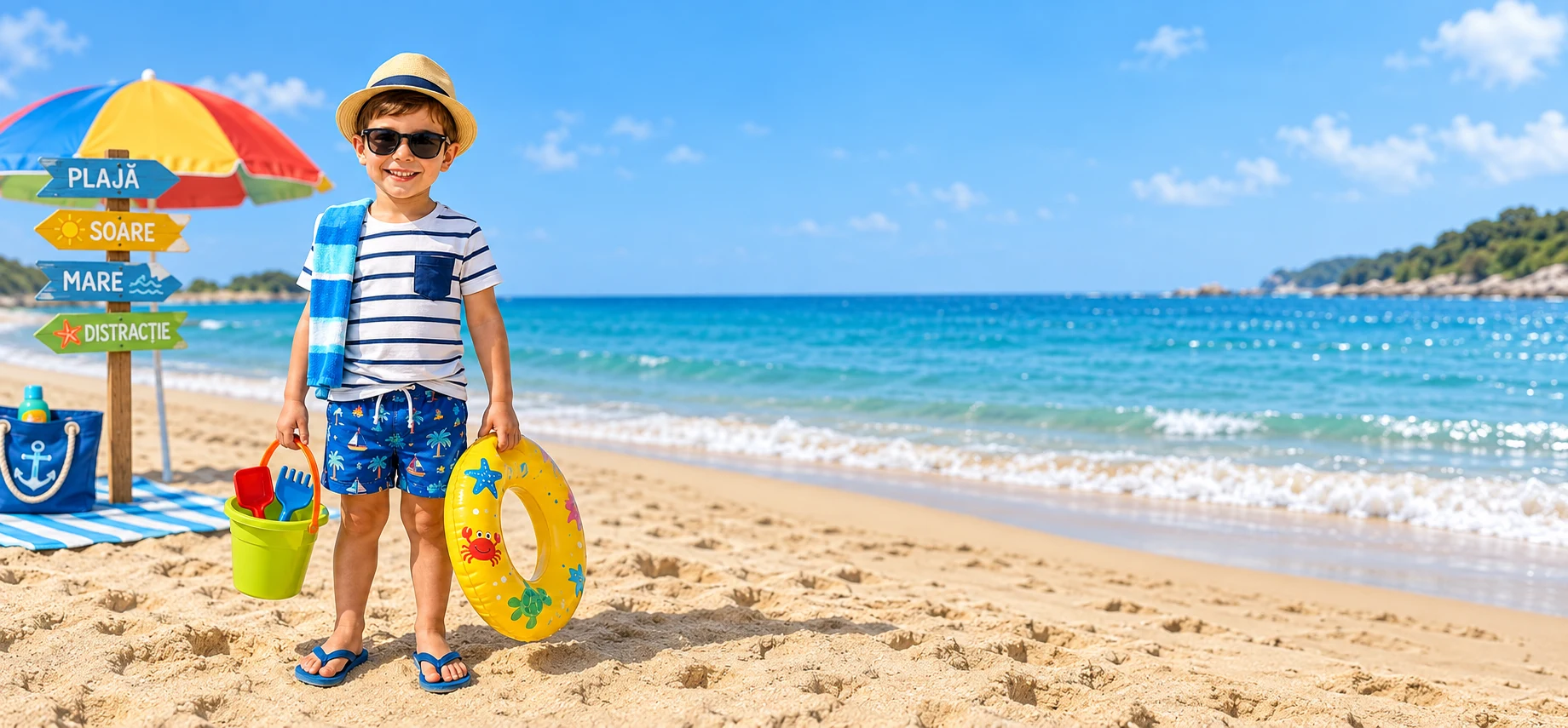 Boy in swim shorts carrying beach and pool toys