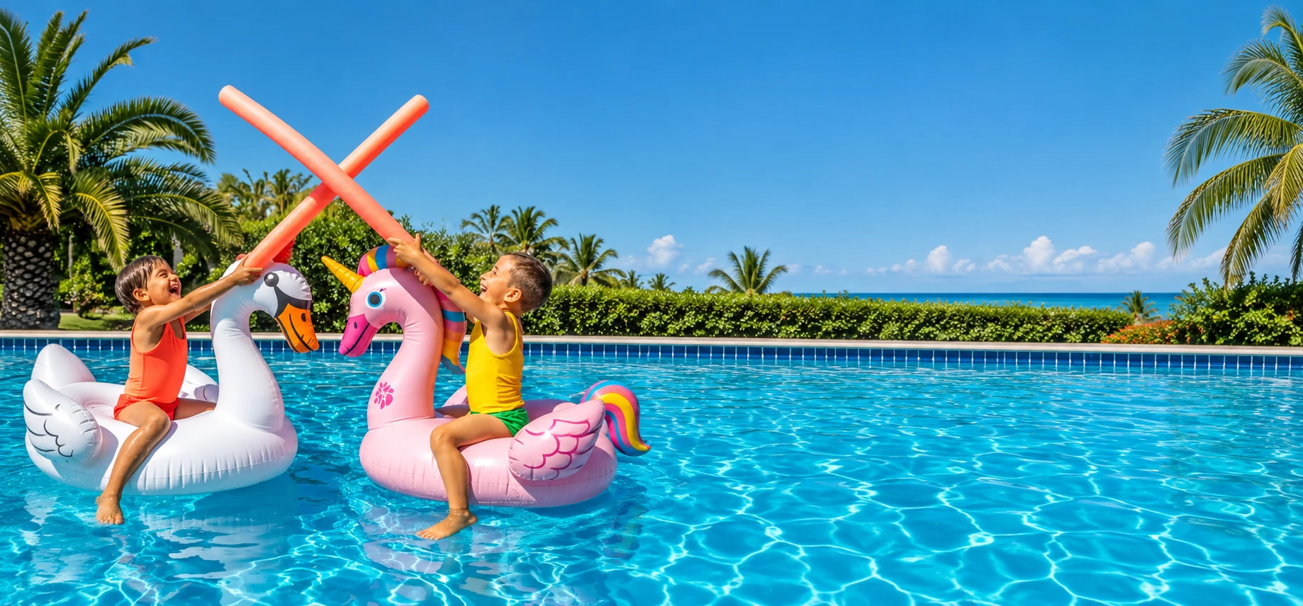 Children playing on colourful pool floaters with water toys