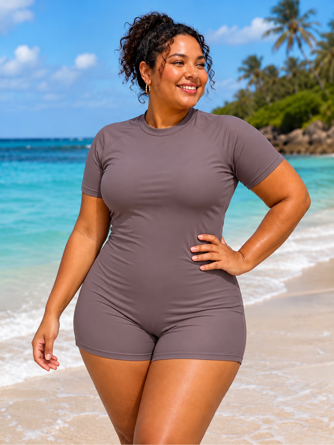 Mauve Short-Sleeve Swim Romper