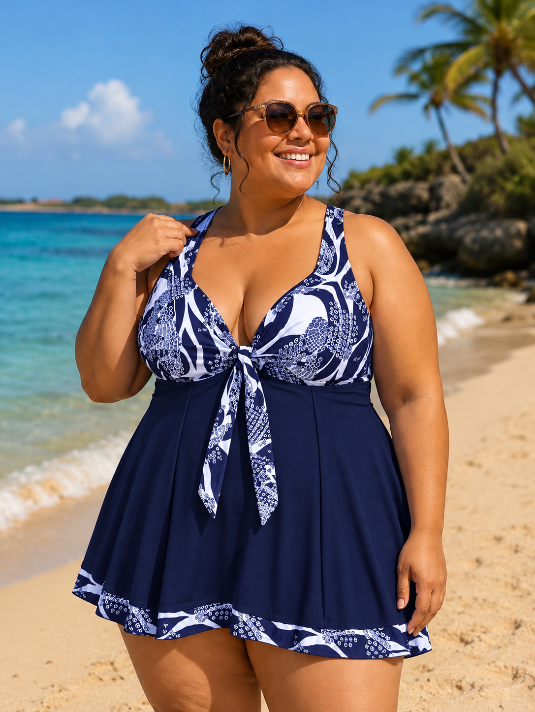 Navy & White Floral Tie-Front Swim Dress